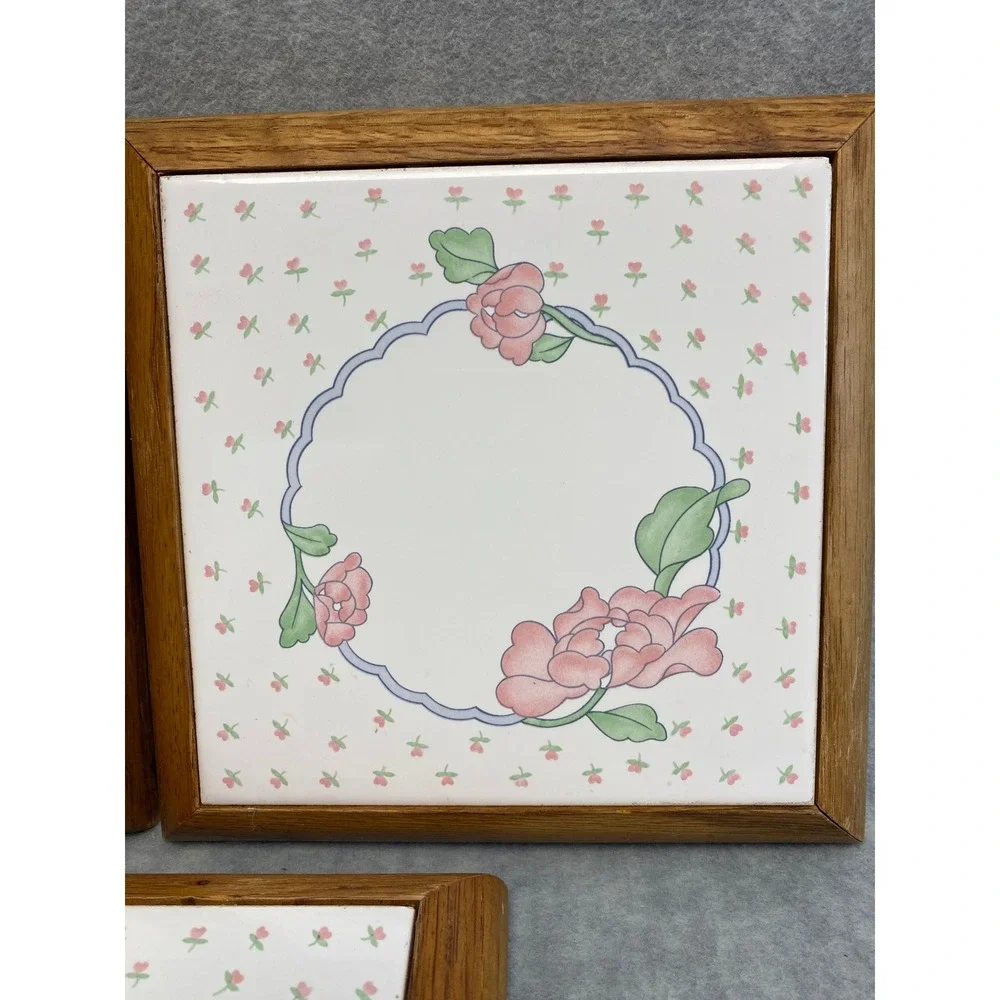 Set of 3 Vintage Floral Ceramic Tile Wood Trivets Hot Pad Retro Decor Grannycore